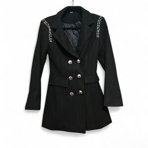 Elegant Black Double-Breasted Blazer Coat with Crystal Shoulder Detail